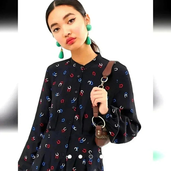 WAREHOUSE Semi-Sheer Long-Sleeved Shirt Black Horseshoe equestrian Dress - Picture 2 of 11